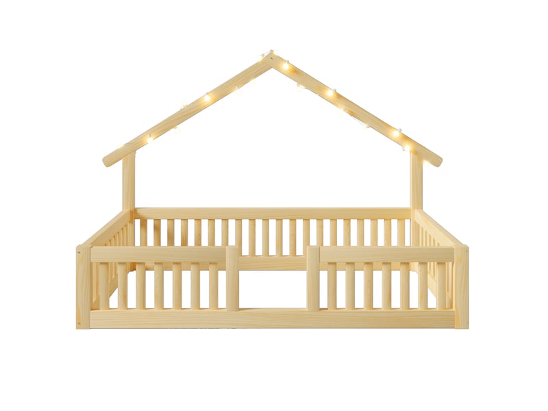  Lit cabane 90x200 cm en bois naturel - lit au sol avec barrière et guirlande lumineuse led  - Conforama A