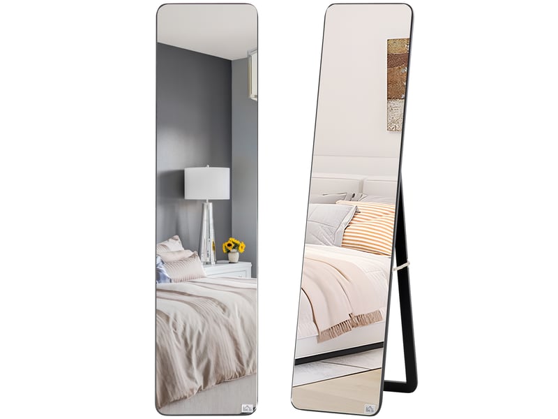  Miroir sur pied et mural avec cadre en bois et support pliable, 37 x 43 x 156 cm, noir  - Conforama B