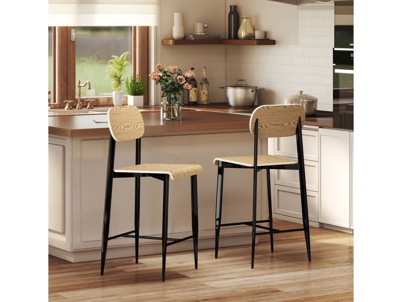  Tabouret de bar 2 pièces avec repose-pieds et patins réglables, style industriel, en acier, bois naturel  - Conforama C