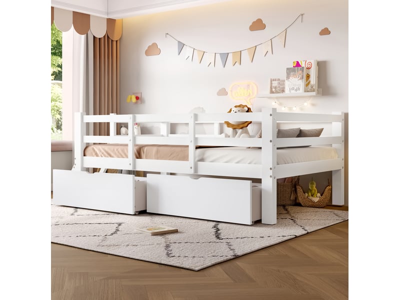  Lit enfant 90x200cm barrières demi-ouvertes 2 tiroirs gain d'espace mdf et contreplaqué pin blanc sans matelas  - Conforama W