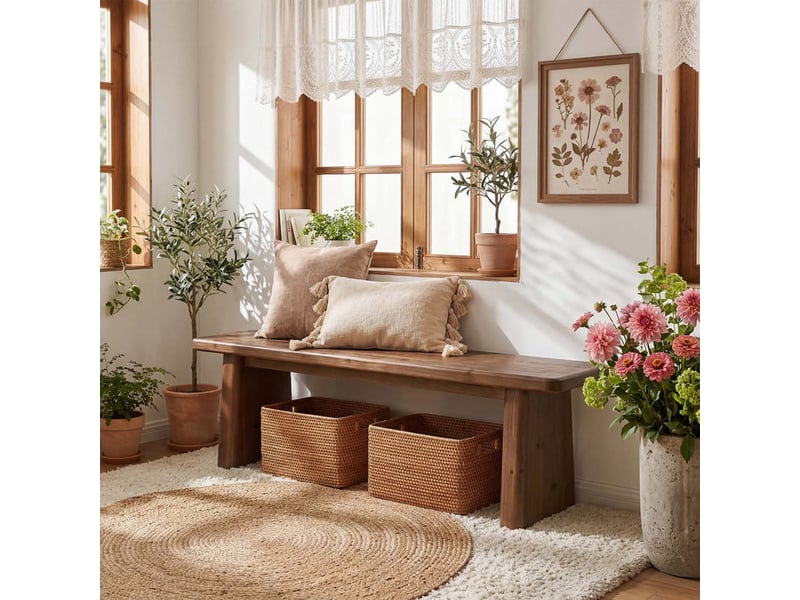  Banc d'entrée en bois massif de 140 cm, banc à chaussures rustique pour couloir, dressing, chambre et cuisine, montage facile  - Conforama D