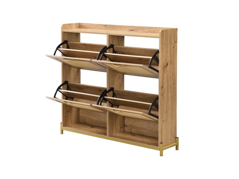  Meuble à chaussures élégant en bois avec portes en rotin, 4 portes, cadre métal et étagère supérieure pour rangement organisé  - Conforama E