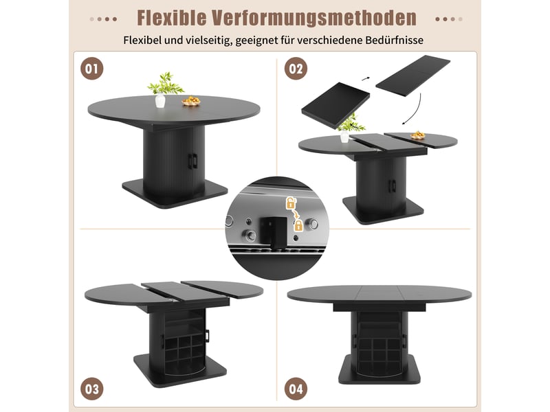  Noir table à manger extensible avec rangement, design moderne, structure fonctionnelle pour cuisine et salle à manger  - Conforama E