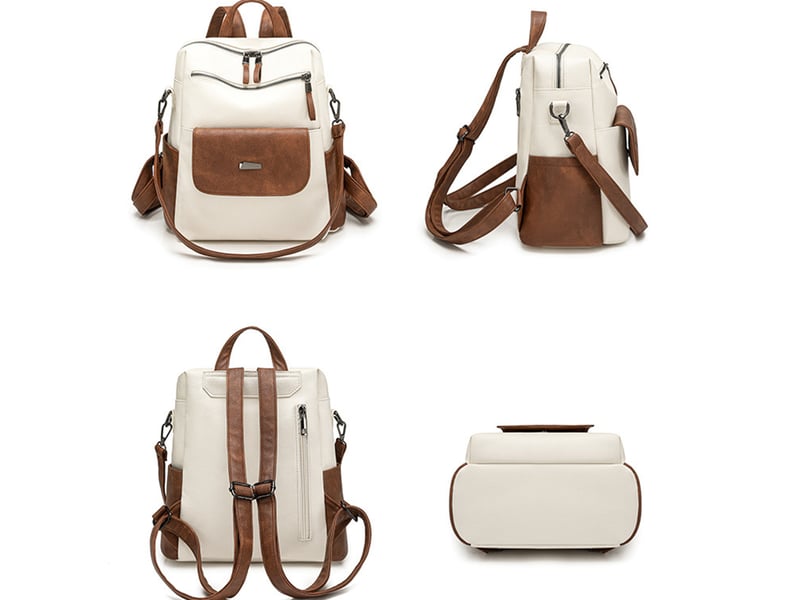  Sac à dos femme en cuir, petit format – imperméable, anti-vol, bandoulière pour ladies-blanc + marron  - Conforama C