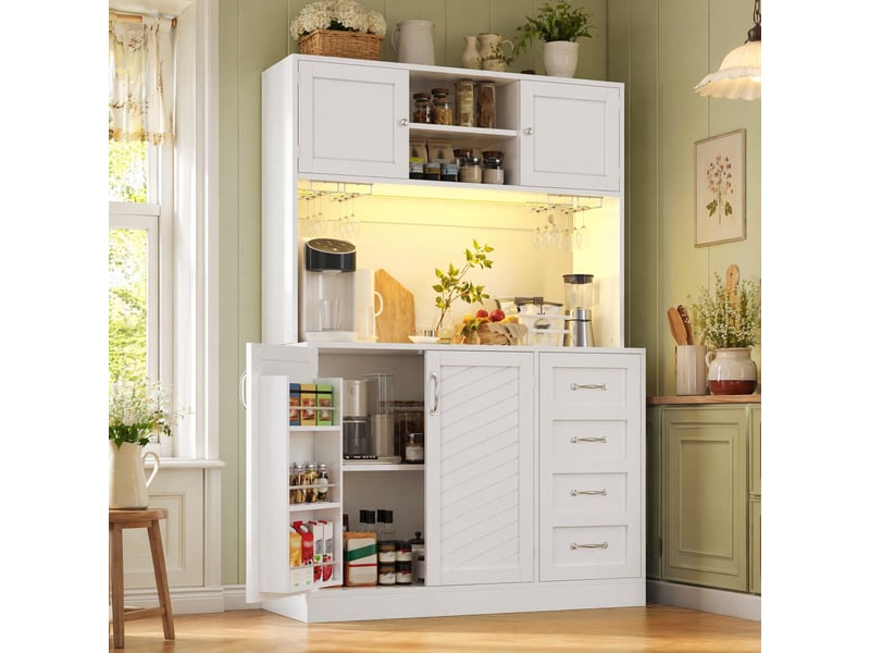  Buffet de cuisine avec led intégrée, 4 portes, 2 grands tiroirs et porte-boissons, en mdf blanc, 120 × 40 × 188 cm  - Conforama D