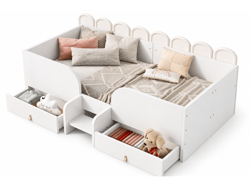  Lit enfant 90x200 cm avec tiroirs de rangement, garde-corps sécurisé et petite échelle, sommier à lattes inclus en mdf - blanc  - Conforama A