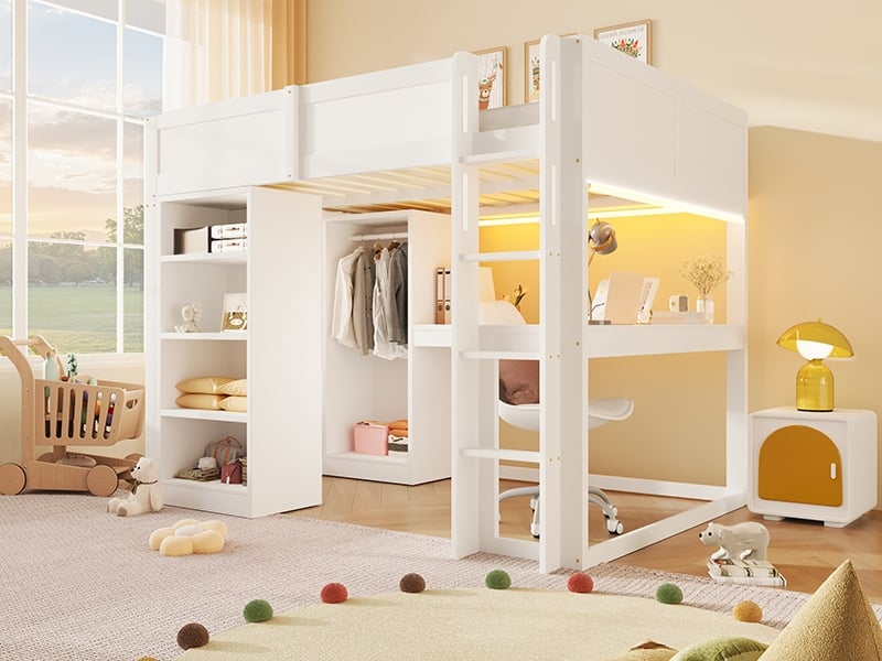  Lit mezzanine 140x200 cm, bureau en l intégré, étagère 4 niveaux, armoire et compartiments en hauteur, blanc  - Conforama B