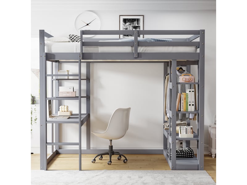  Lit mezzanine 140x200 cm avec bureau et étagère, lit enfant avec étagère de rangement, gris, lit double en bois massif  - Conforama C