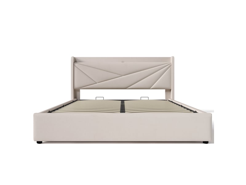 Lit coffre adulte 160x200 cm – beige – sommier relevable, grand rangement, ports usb et usb-c, matelas inclus  - Conforama A
