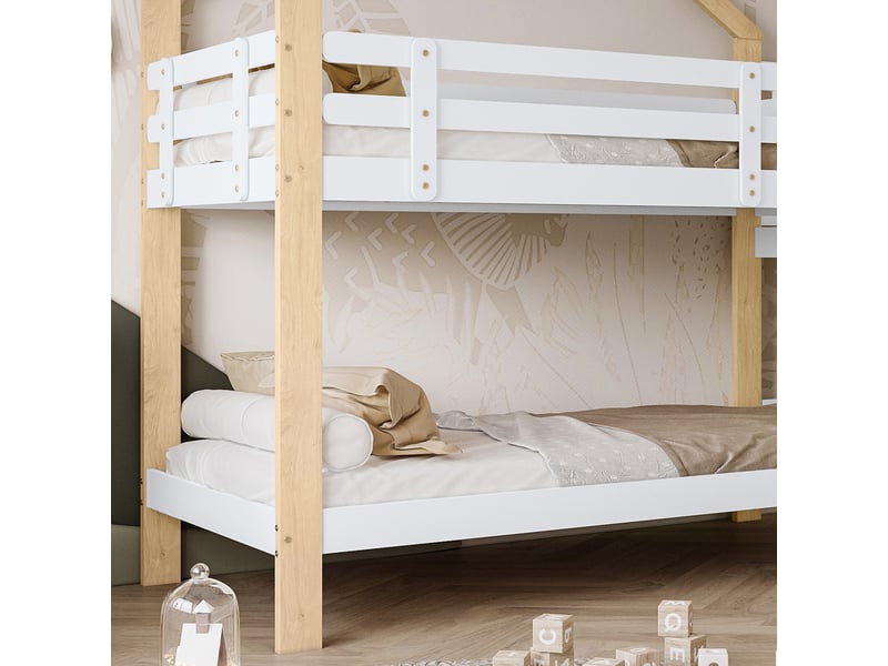  Lit superposé 90x200cm avec toboggan, échelle d'angle trois marches, maison avec garde-corps, bois massif, blanc  - Conforama C