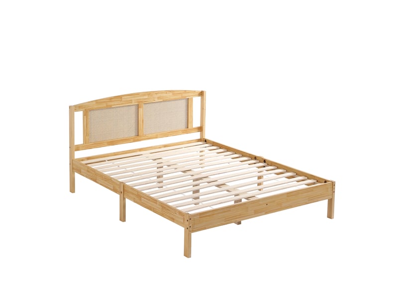  Lit double en rotin 160x200cm pour ado et adulte, 15 lattes, pieds centraux, coussins, naturel  - Conforama A