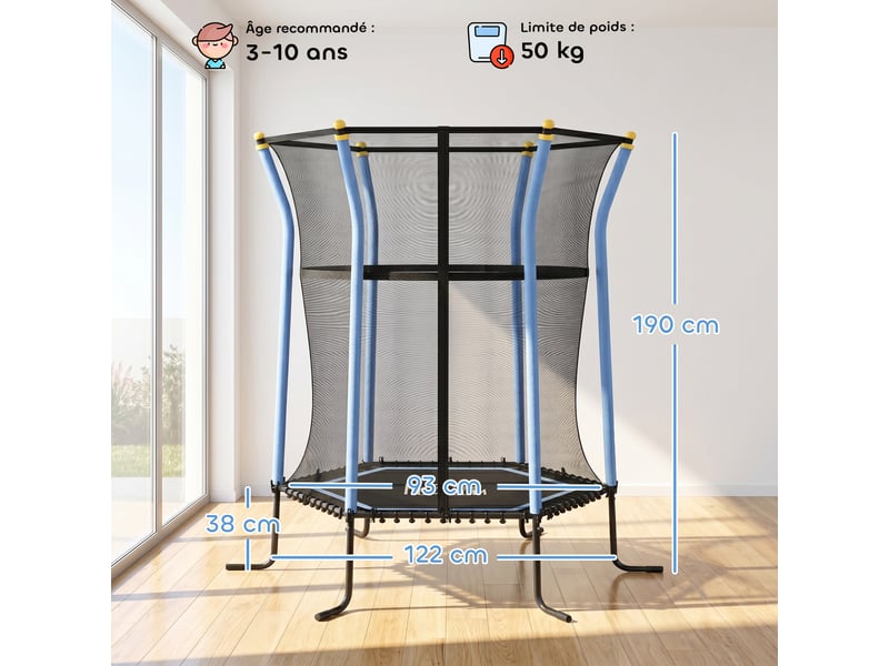 Trampoline pour enfant 1,22 x 1,11 x 1,9 m filet de sécurité porte zippée 6 poteaux rembourrés inclus bleu noir - Conforama C