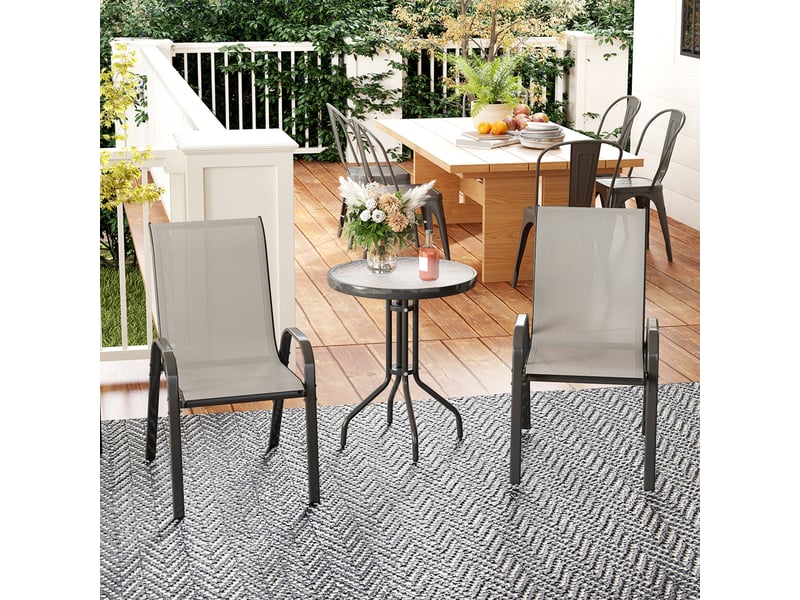 3 pièces salon de jardin extérieur ensemble de meubles 2 fauteuils empilables table basse dessus verre trempé gris clair - Conforama C