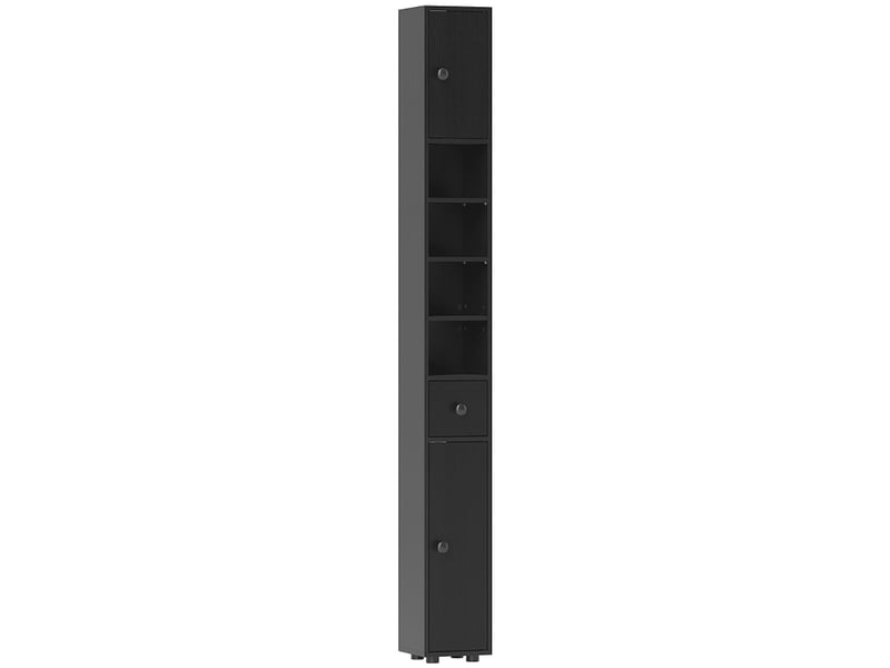  Armoire haute de salle de bain 180 x 20 cm rangement optimisé deux compartiments fermés un tiroir étagères ouvertes réglables panneaux de particules mélaminés noirs fixation murale anti-basculement  - Conforama A