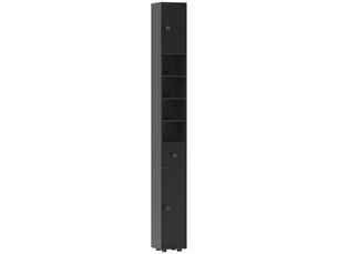 Armoire haute de salle de bain 180 x 20 cm rangement optimisé deux compartiments fermés un tiroir étagères ouvertes réglables panneaux de particules mélaminés noirs fixation murale anti-basculement