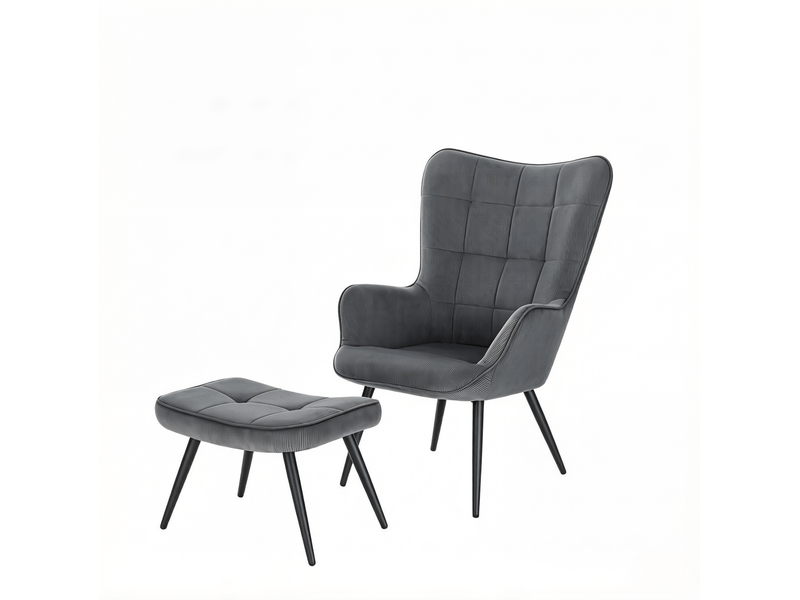  Fauteuil avec pouf en velours côtelé avec dossier haut et structure métallique gris foncé  - Conforama A