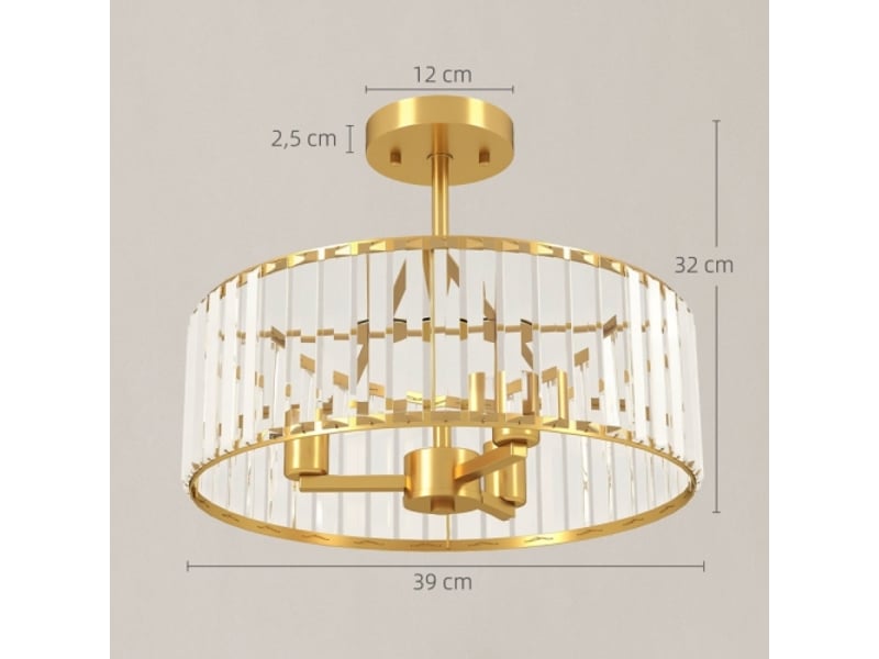  Plafonnier style lustre avec abat-jour en cristal, métal doré, 3 ampoules, 39 x 39 x 32 cm  - Conforama E