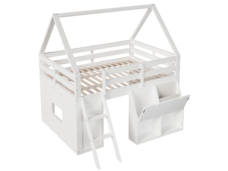  Lit mezzanine cabane enfant 140 x 200 cm avec led, rangements et poches tissu, bois, blanc IKSETERA TRADING LTD - Conforama A