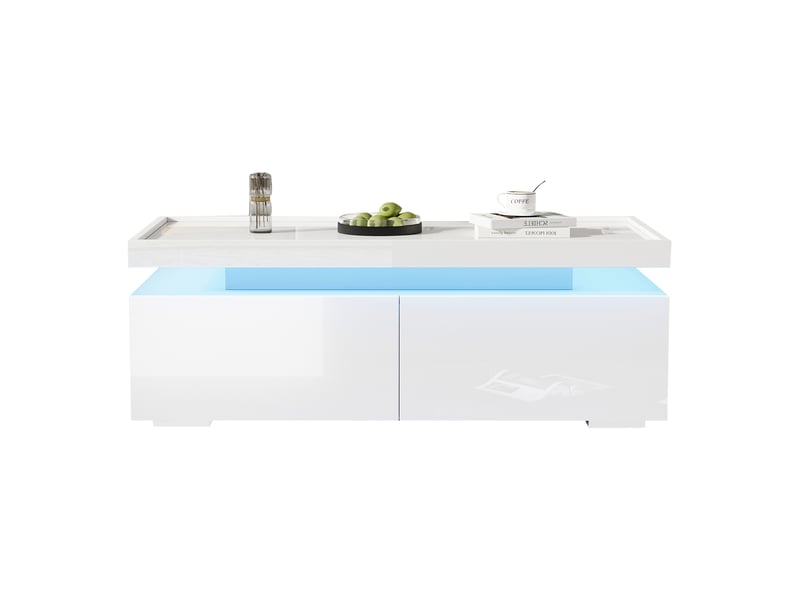  Table basse blanche brillante 95x45x35 cm, table de salon avec led et 2 tiroirs, design moderne  - Conforama R