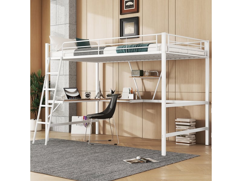  Lit mezzanine avec bureau en l et étagère, lit en métal 90x200 cm pour enfants et adultes, cadre robuste, sans matelas, blanc  - Conforama B