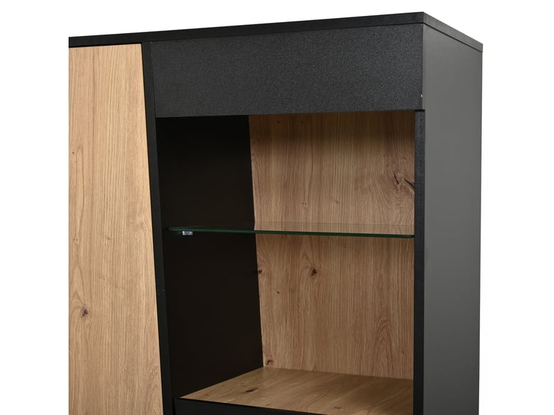  Vitrine avec led, portes en bois, paroi de verre, étagères réglables, multiple espaces de rangement, vitrine de collection haute pour salon, bureau, entrée, noir + bois, 80x35x139.5cm  - Conforama R