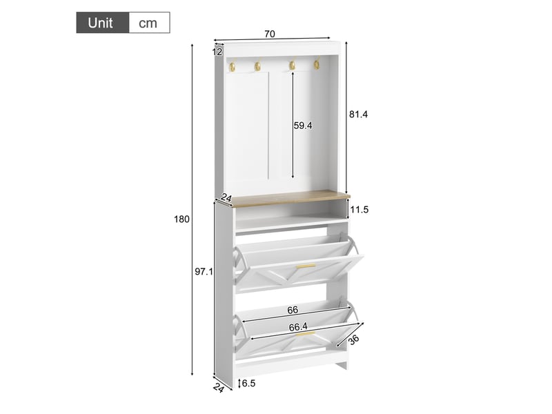  Armoire à chaussures led avec 2 abattants et crochets pour entrée et couloir, blanc et naturel, 70 × 24 × 180 cm  - Conforama E
