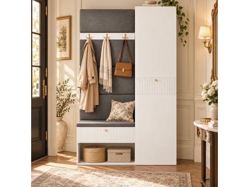  Meuble à chaussures avec banc 110x38x179,5 cm, patères, tiroirs, rangement fermé, assise rembourrée, façades rainurées - blanc  - Conforama B