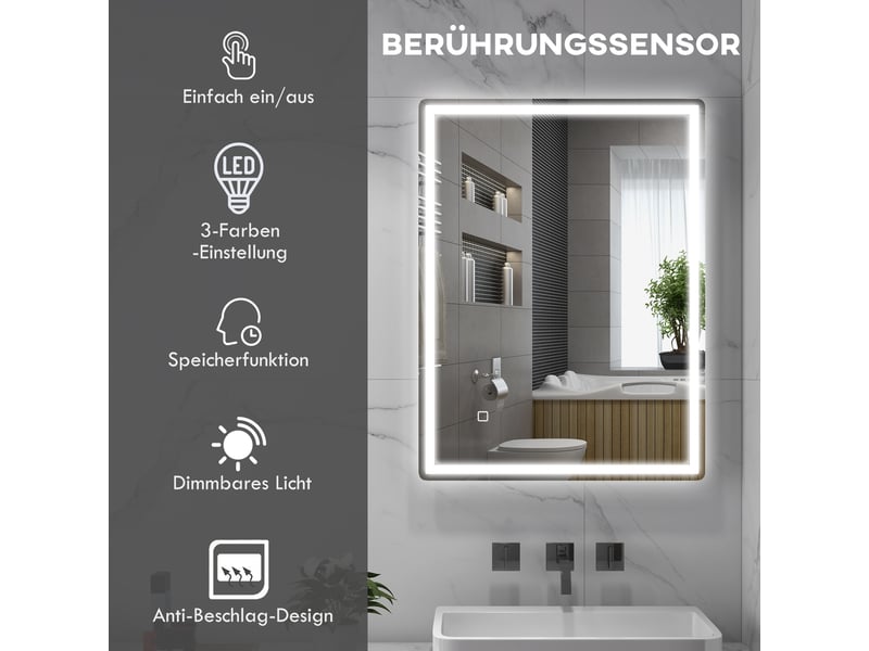  Miroir led de salle de bain - 80x60 cm - rectangulaire - intensité variable - fonction mémoire - surface antibuée 80x60x4cm - Conforama D