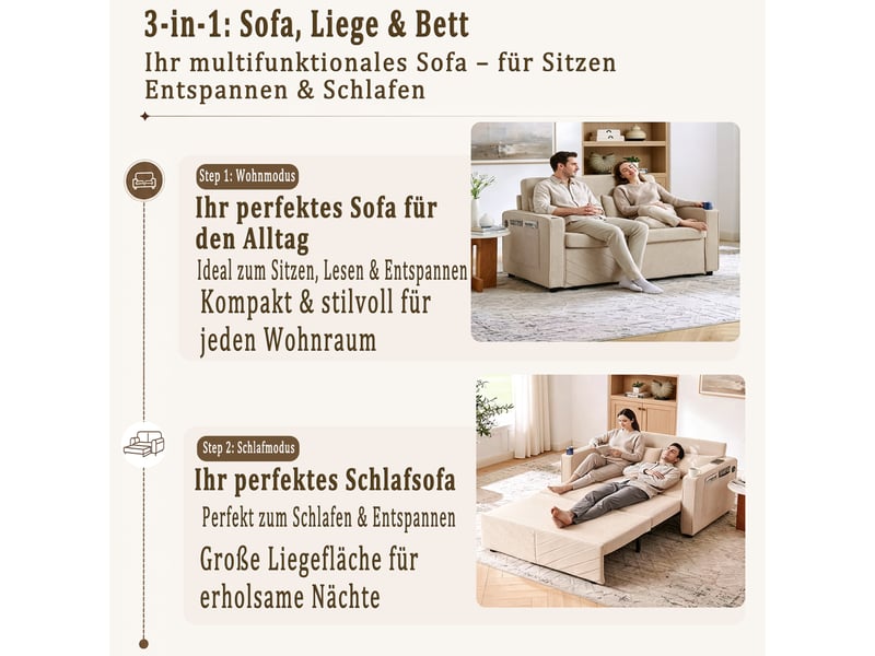 Canapé convertible 2 places coulissant avec ports usb - fonction méridienne, structure en bois, tissu - beige - Conforama E