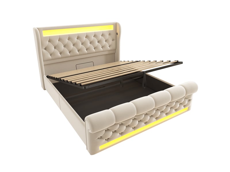  Lit double 160x200cm en tissu beige, tête de lit avec leds, ports usbc et rangement hydraulique, sans matelas  - Conforama A
