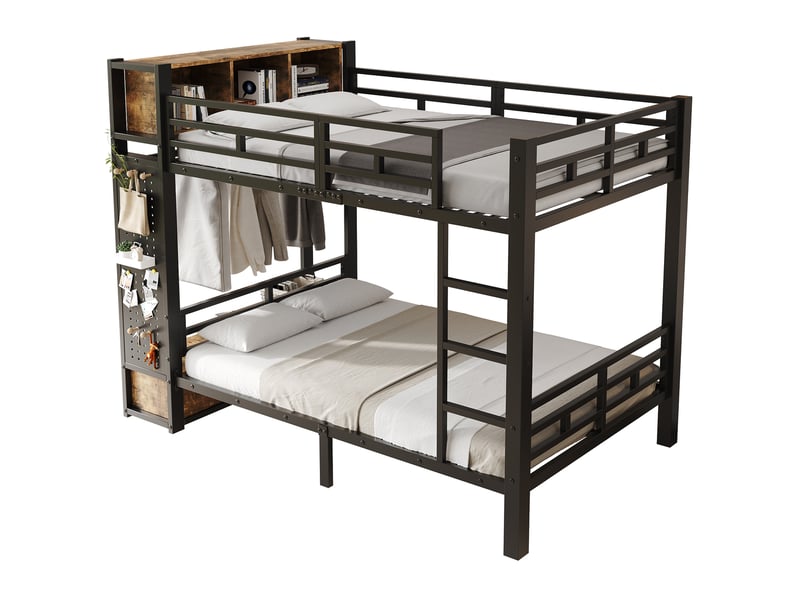  Lit superposé 120x200 cm – avec rangement penderie tiroir et étagères – métal – noir CozyNest - Conforama A
