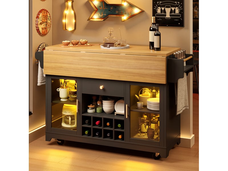  Desserte de cuisine avec 2 portes vitrées, 1 tiroir, led rvb et plateaux rabattables en mdf noir 120 × 80 × 95 cm  - Conforama E