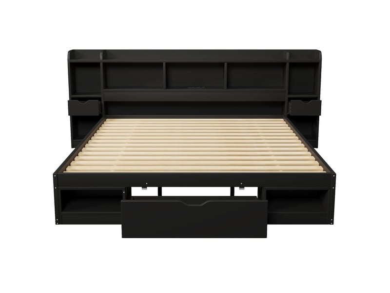  Lit double plateforme 180x200 cm en bois avec 3 tiroirs,lit coffre avec led et port usb,tête de lit bibliothèque,sans matelas,noir  - Conforama E