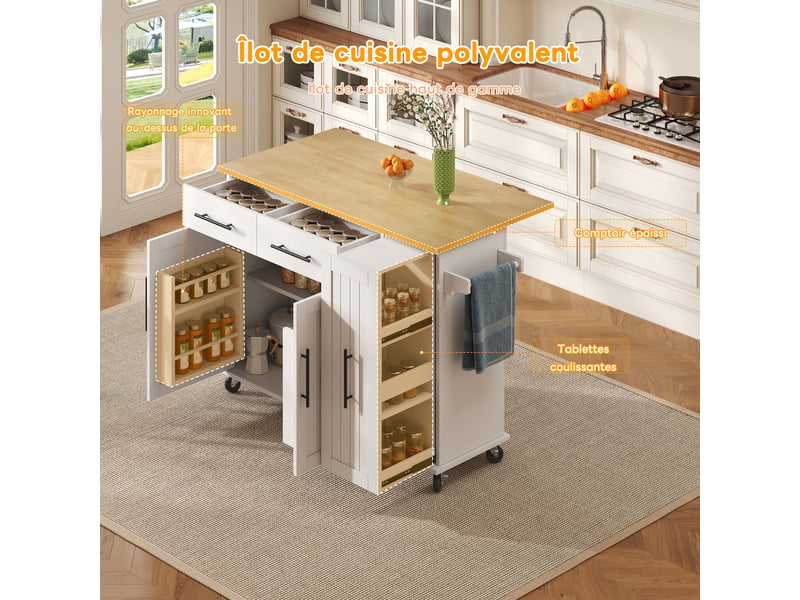  Îlot de cuisine mobile avec plateau rabattable, organiseur coulissant 3 niveaux et rangement interne, mdf, blanc et naturel  - Conforama R