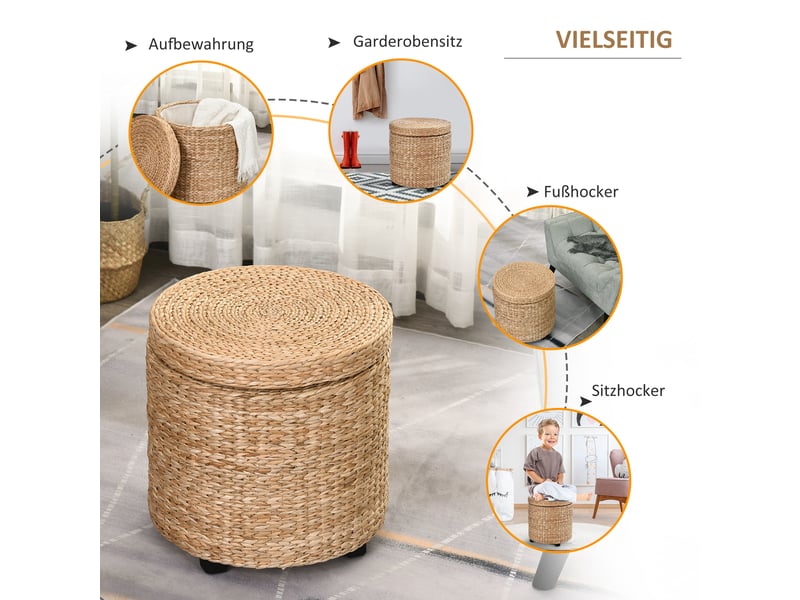  Tabouret avec espace de rangement repose-pieds avec boîte de rangement, couvercle amovible, paille rotin, kaki, ø43x43cm 837-072 - Conforama E