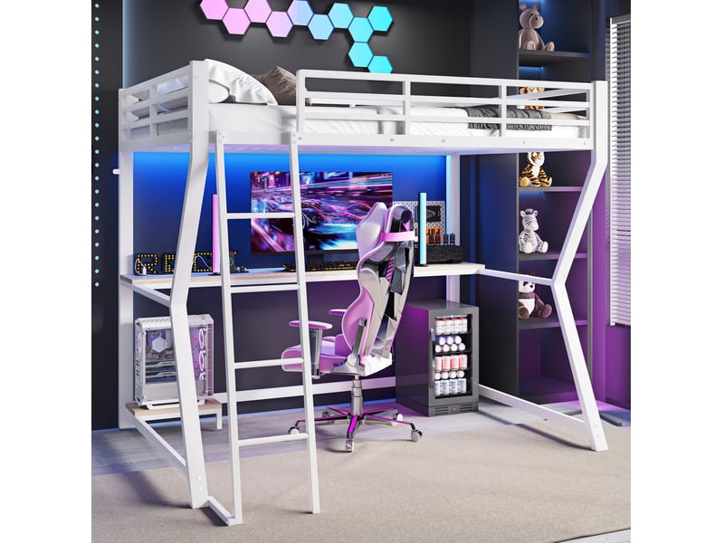  Lit mezzanine 90x200 cm avec bureau, éclairage led, prises usb, métal et mdf, blanc  - Conforama D