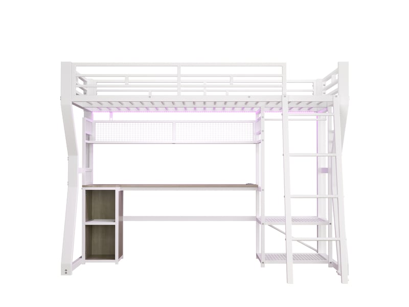 Lit mezzanine blanc 90 × 200 cm en métal, bureau, prise, penderie et rangements - Conforama A
