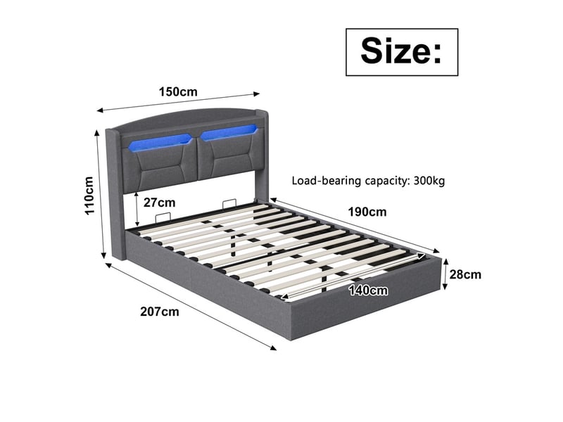  Lit 140x190cm - lit coffre 140x190cm - tête de lit de rangement led et sommier relevable - lin gris clair  - Conforama E