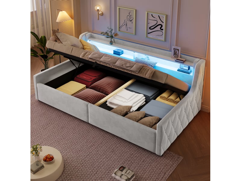  Lit pour jeune, 90x200 cm, coffre avec ouverture hydraulique, tete de lit led, allure moderne, flanelle, coloris beige  - Conforama D