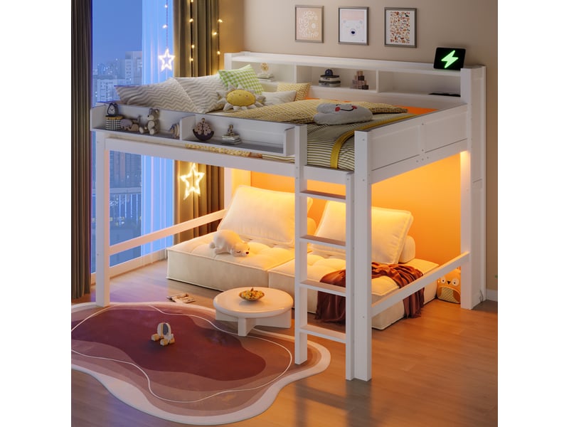  Lit mezzanine 140x200cm - avec 3 niches de rangement - led et port usb - structure pin et mdf - blanc Bubbly Shop - Conforama E