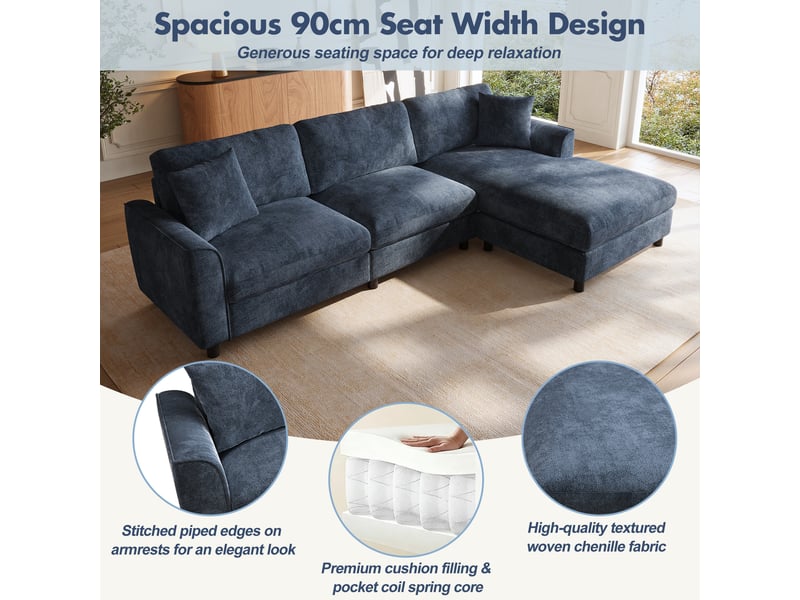 Canapé d'angle 3 places en tissu chenille bleu marine, 256×137×79 cm, méridienne réversible, assise large 90 cm, sans montage - Conforama R