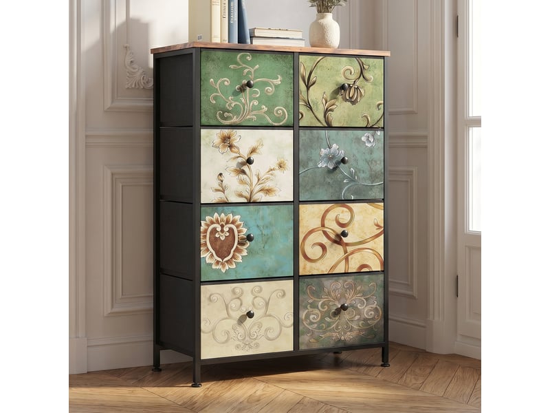  Commode 8 tiroirs, commode de rangement, tissu floral,structure en métal,pour salon, chambre, style bohème,67,5 x 30 x 100 cm  - Conforama B