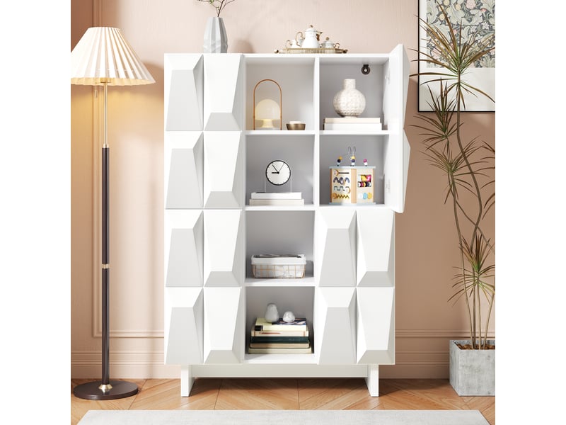  Vitrine 4 portes et 12 compartiments pour salon en panneaux de particules 90,5×34×135,5 cm blanc  - Conforama C