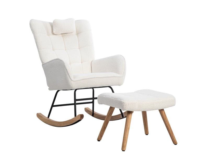  Fauteuil à bascule avec repose-pieds réglable et coussin d’appui-tête, rembourré en tissu bouclette blanc, 92 cm  - Conforama A