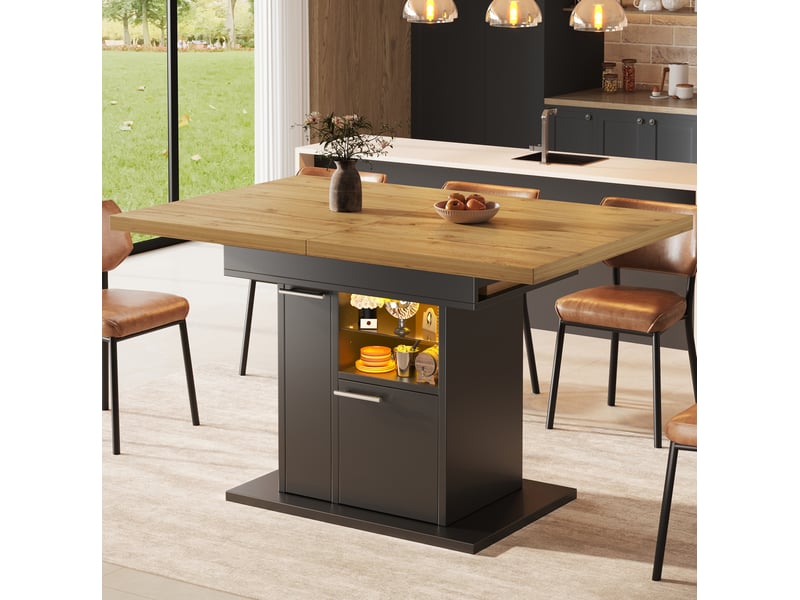  Table extensible 4 à 6 personnes avec rangement, étagères en verre et led pour repas, noire, 110 à 140 × 80 × 77,2 cm  - Conforama B