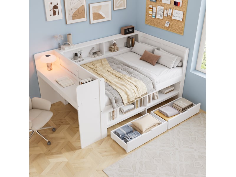  Lit combiné 120 × 200 cm avec bureau intégré, armoire, 2 tiroirs, niches ouvertes et entourage, blanc, pour chambre  - Conforama E
