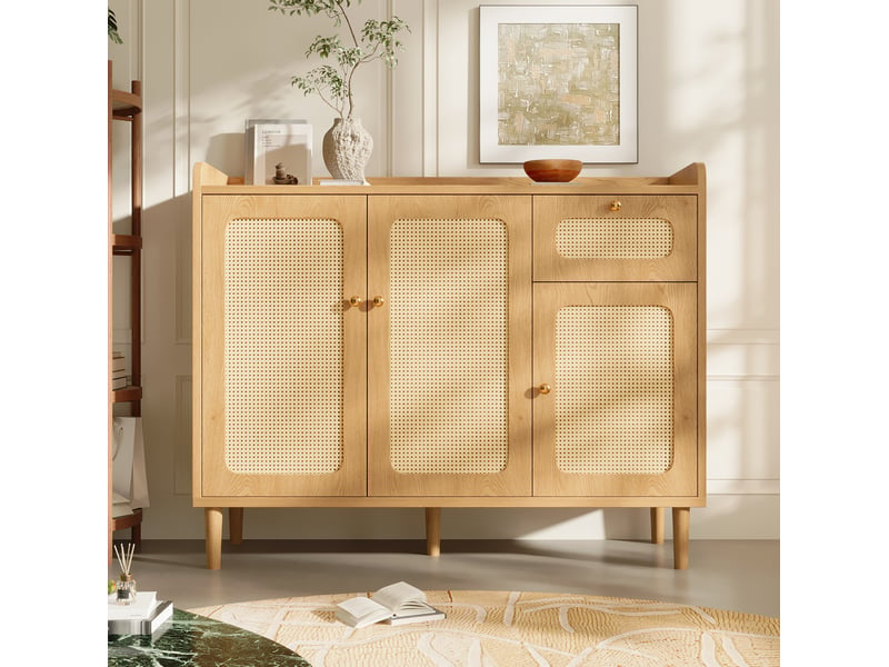 Buffet 120 x 40 x 91 cm effet chêne, 3 portes, tiroir et façades en rotin - Conforama D