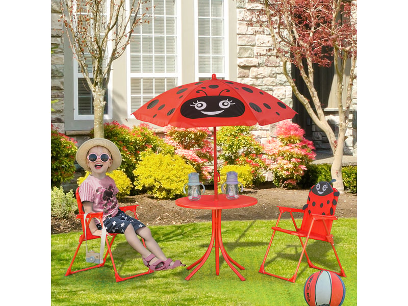  Ensemble salon de jardin enfant 4 pcs design coccinelle - table ronde + 2 chaises pliables + parasol - métal époxy oxford rouge  - Conforama B