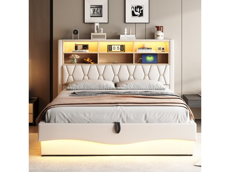 Lit rembourré beige en lin - 180x200 cm - coffre hydraulique - éclairage led - ports usb  - Conforama C