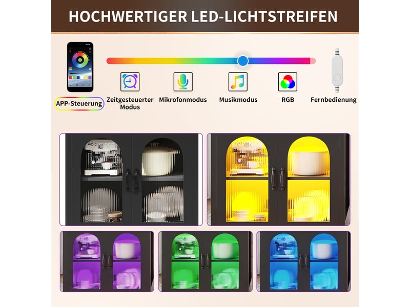 Îlot de cuisine extensible avec led, 2 tiroirs, étagères réglables, portes en verre rainuré et plan de travail mdf - Conforama E